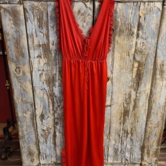 Vintage Rose Red Lingerie Jumpsuit V Neck w Floral Lace Trim - Picture 2 of 9
